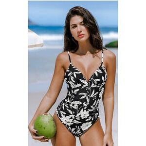 Floral Cheeky Cut‎ One Piece Swimsuit V Neck Padded Black White Medium